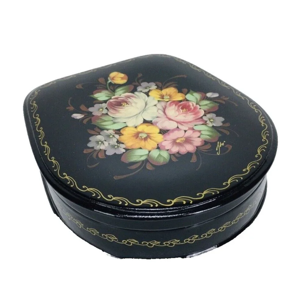 Vintage Russian Hand Painted Lacquered Floral Hinged Trinket Box Signed